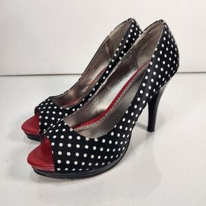 Rampage Womens Heels Size 9.5 Black / White Polka Dots Open Peep Toe Stiletto
